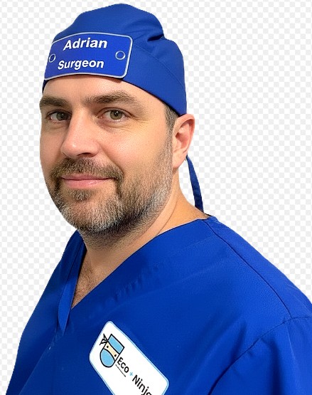 Adrian, Surgeon wearing Eco Ninjas Bandana Badge Hat